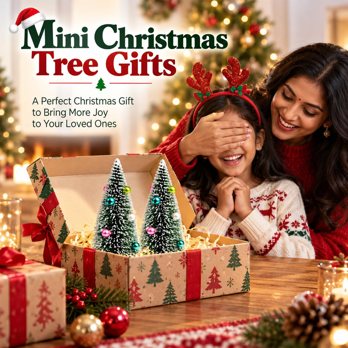 HASTHIP 2-Piece 15cm Mini Christmas Trees with Frosted Sisal, Bead Ornaments and Wood Bases