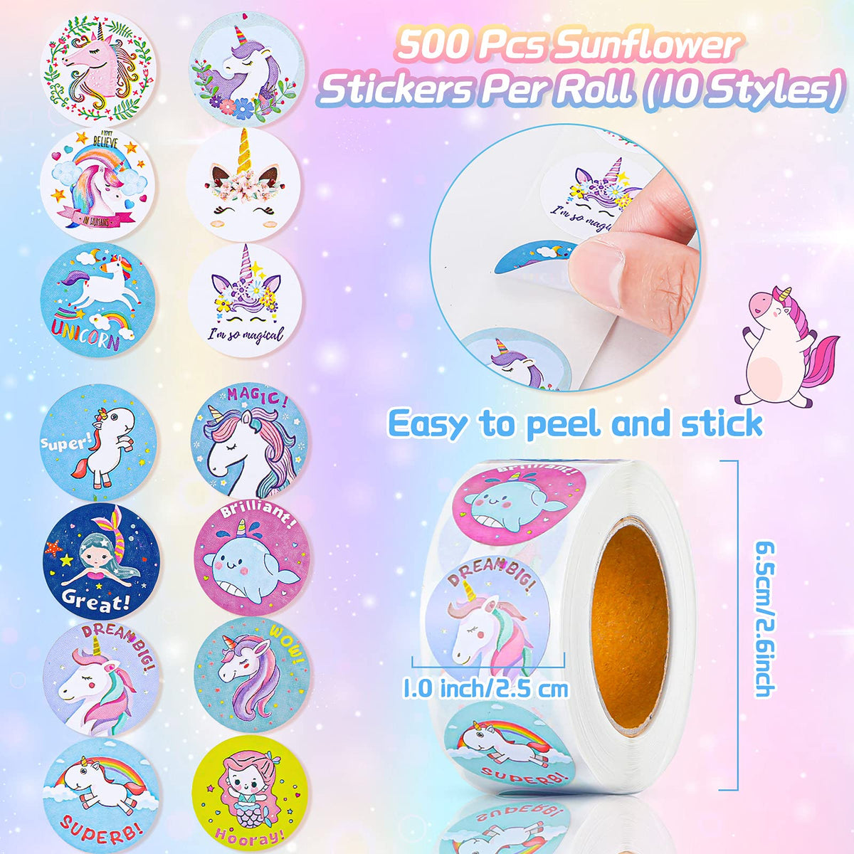 HASTHIP Unicorn Stickers, 500 Round Self-Adhesive Labels in 8 Patterns, 2.5 cm Roll