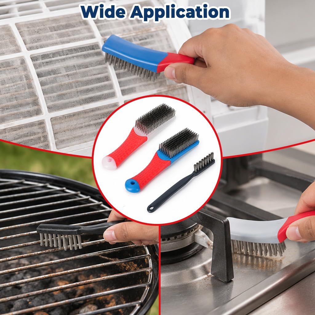 HASTHIP 3-Piece Stainless Steel Wire Brush Set with Two 8-Row Brushes and Slim Gap Brush