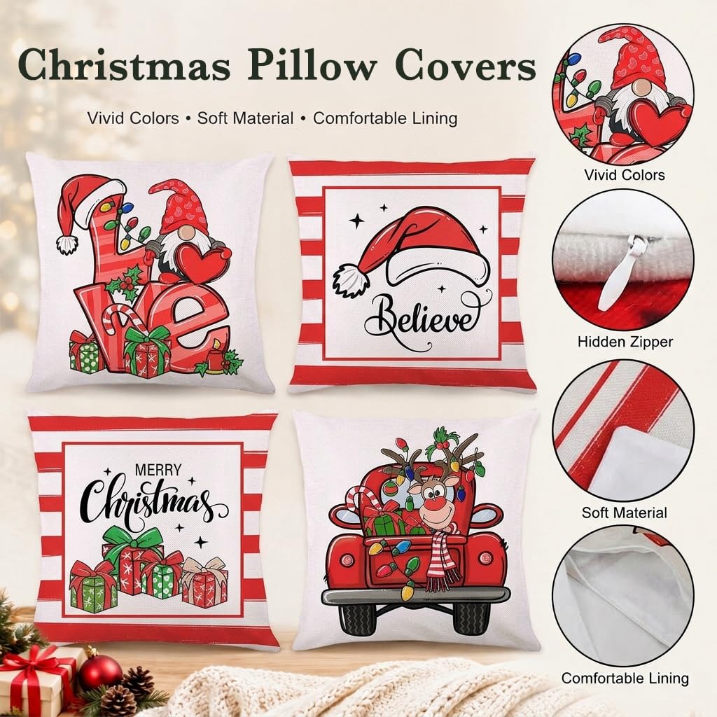HASTHIP Set of 4 Christmas Cushion Covers, 18 x 18 Pulgadas, with Reindeer, Santa and Snowman Prints