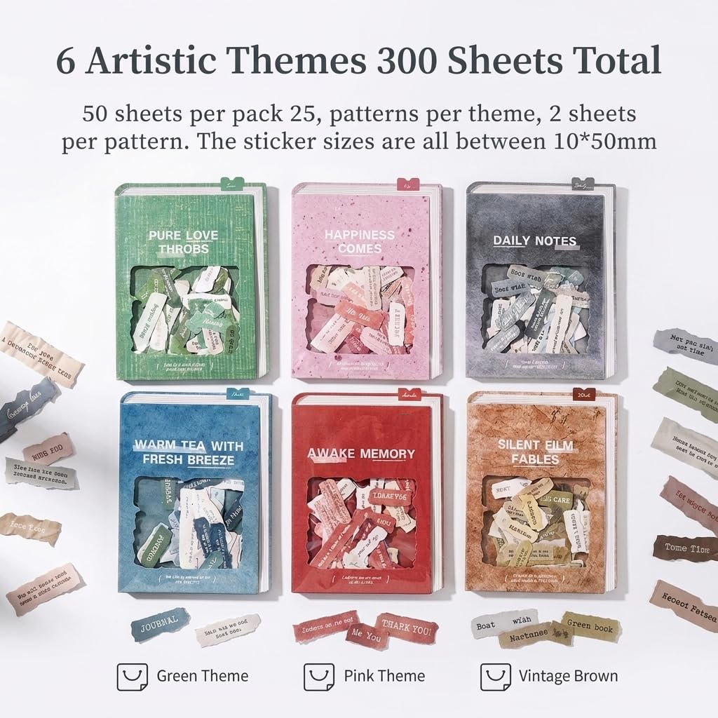 HASTHIP Broken Heart Paper Sticker Set, 300 Sheets in 6 Styles for Journals and Crafts