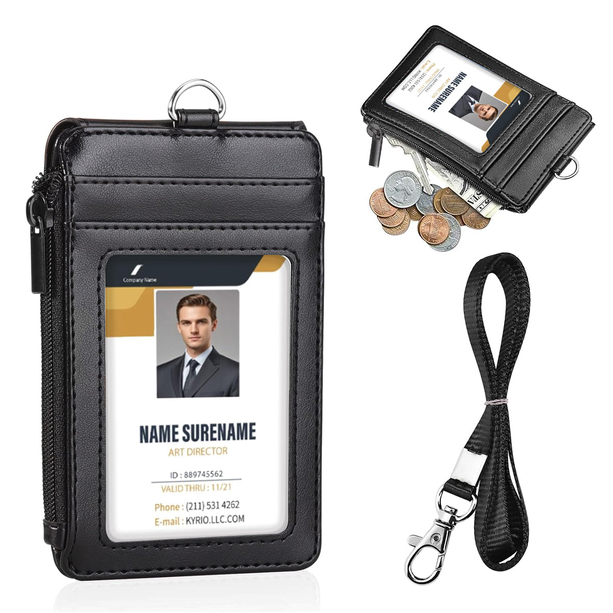 HASTHIP® PU Badge Holder Card Holder with Neck Strap Transparent Badge Holder Universal Staff Badge Holder Multi Purpose Badge Holder with Zipper Pouch & Card Slots
