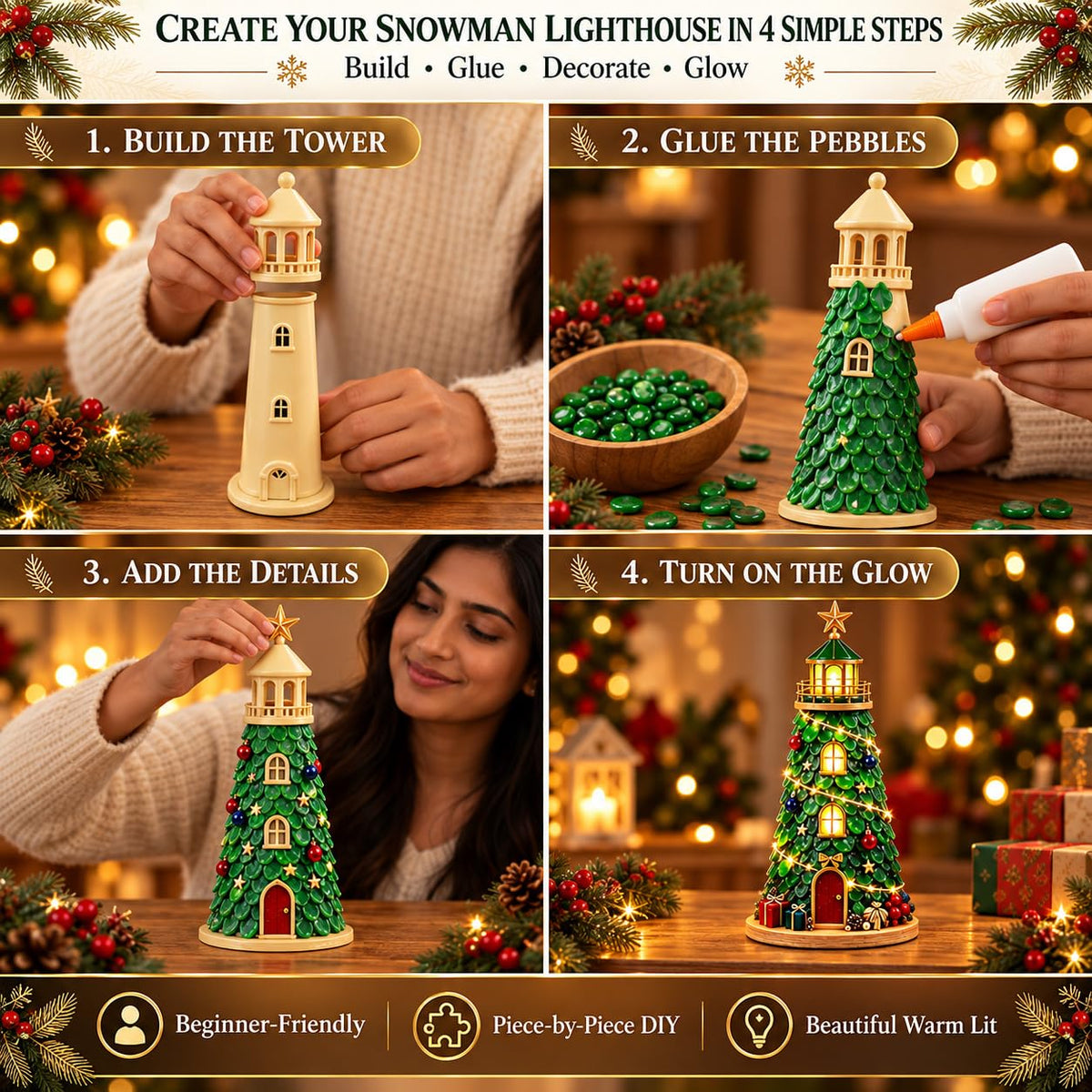 HASTHIP DIY Mosaic Lighthouse Building Kit with Warm LED Light for Christmas Tabletop Decor