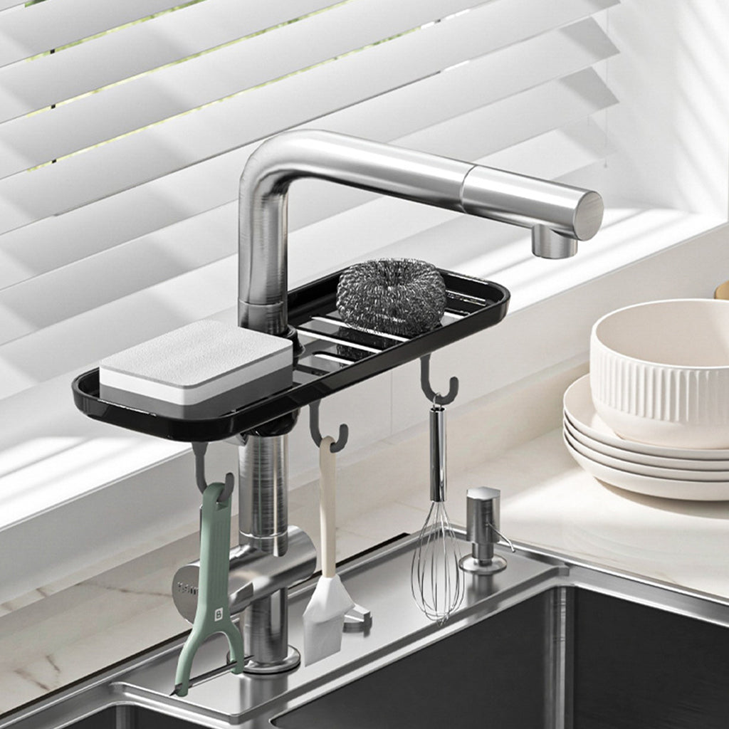 HASTHIP® Kitchen Sponge Holder Dry Rack Dish Rag Rack Drain Rack with Hooks Space Saving Sink Faucet Mount Sponge Holder Hand Soap Holder Tool Organizer