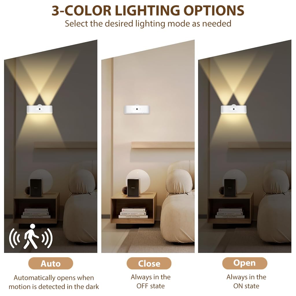 HASTHIP® USB LED Wall Light Smart Motion Sensor Light 3-Color LED Cordless Magnetic Modern Wall Light 2400mAh Rechargeable LED Wall Light for Bedroom, Corridor, Wardrobe