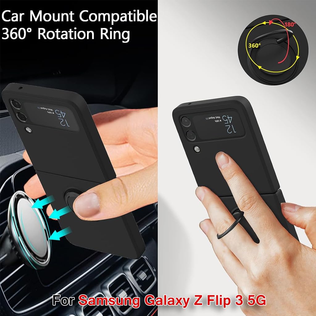 HASTHIP® Samsung Galaxy Z Flip 3 5G Case with Built-In Ring Grip, Anti-Scratch TPU, Shock Absorption, Slim Design, Wireless Charging Compatible, Matte Finish, Black