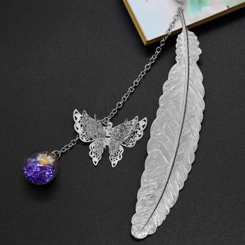 HASTHIP Metal Feather Bookmark for Reading and Gifting with 3D Butterfly & Glass Bead | 2 PCS Copper Set