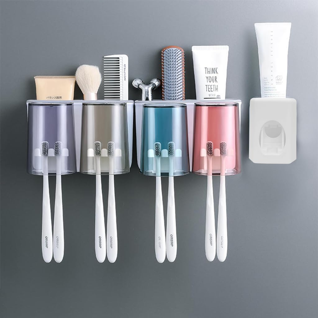 HASTHIP Toothbrush Holder with Toothpaste Dispenser and Adhesive Mount | Holds 4 Brushes & Cups for Family Bathroom Organization