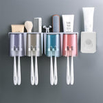 HASTHIP Toothbrush Holder with Toothpaste Dispenser and Adhesive Mount | Holds 4 Brushes & Cups for Family Bathroom Organization