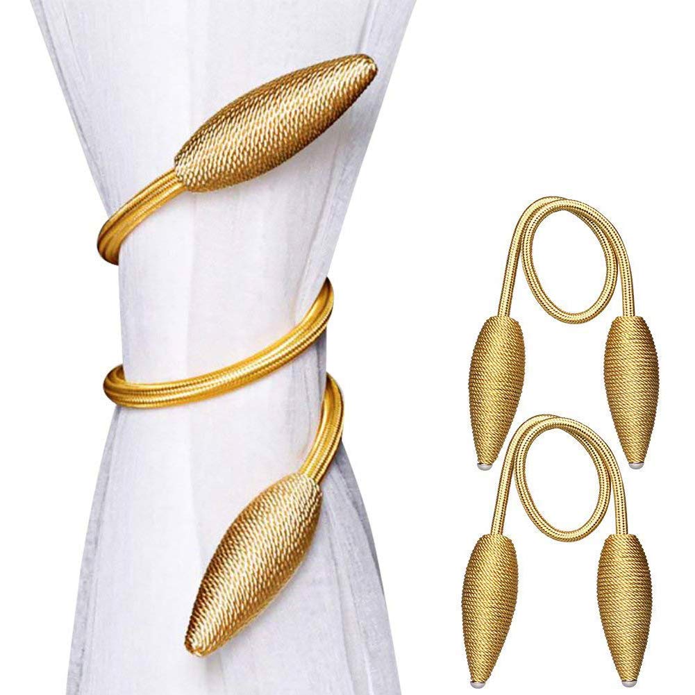 HASTHIP Curtain Tiebacks for Blackout Curtains with Strong Magnetic Hold 48cm Rope | Gold Decorative Drape Holders Pack of 2