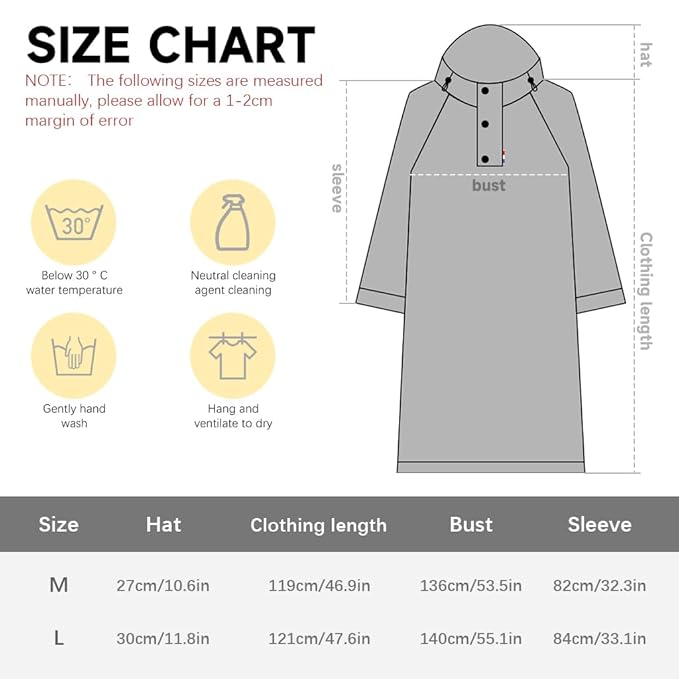 HASTHIP®Long Rain Coat, Raincoat for Men Women Waterproof | Reusable Hooded Rain Poncho with Wide Brim | Lightweight Raincoat for Hiking, Travel, Motorcycle Riding M