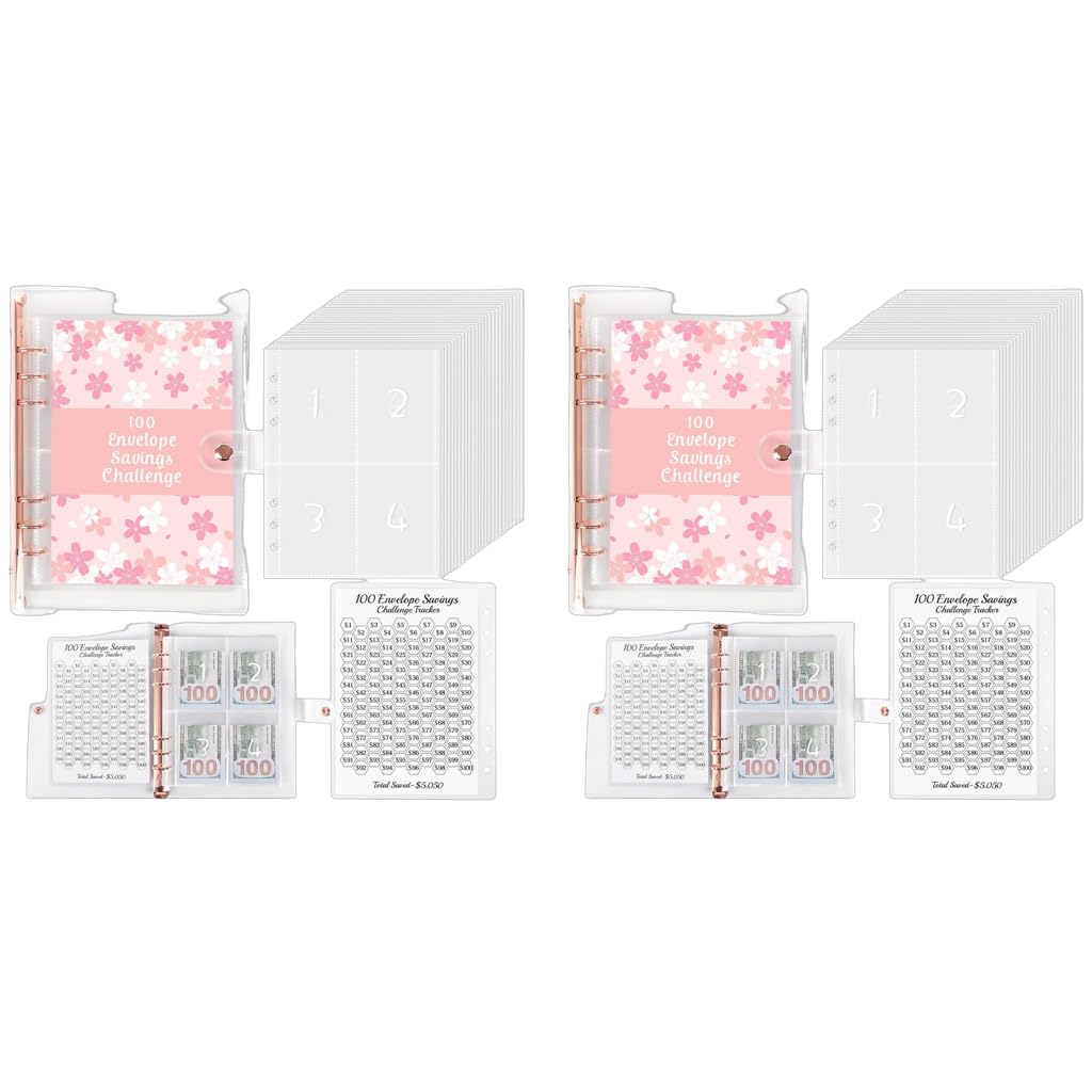 HASTHIP Envelopes Challenge Binder for 100 Day Money Saving with 100 Cash Pockets | PVC Sakura Cover