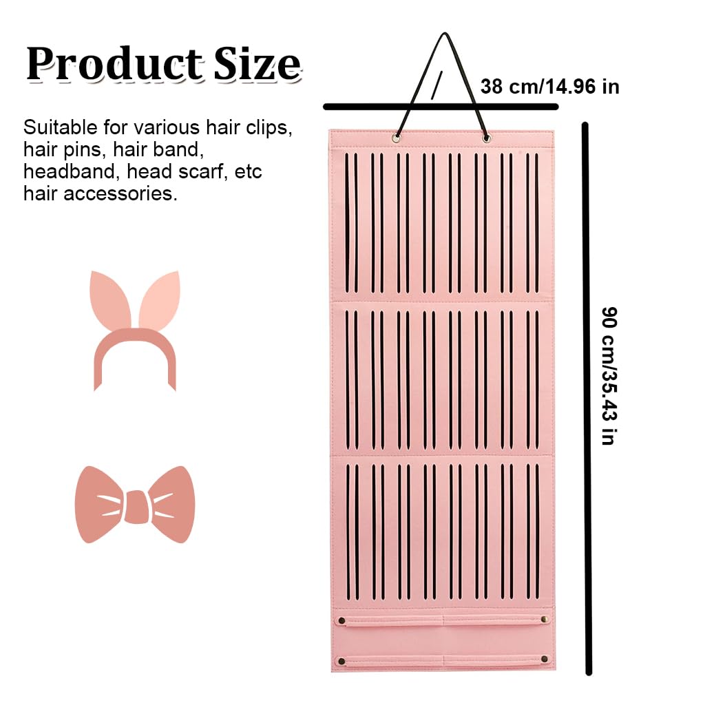 HASTHIP Hair Accessories Organizer for Wall Hanging with 3 Layer Felt Straps 35.4x14.9 in Pink | For Girls and Women Hair Clips and Headbands Storage