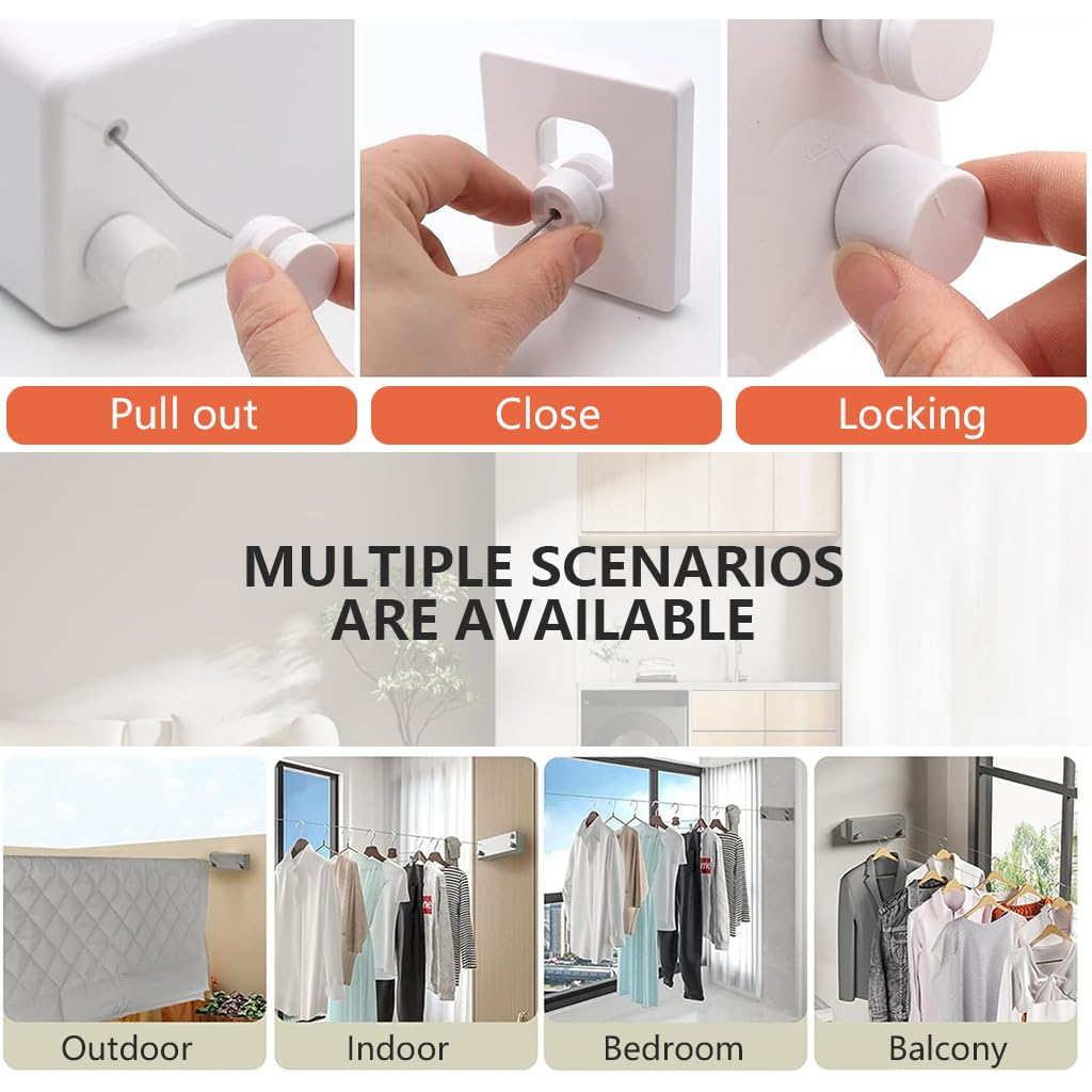 HASTHIP Wall Clothesline for Indoor and Outdoor Use with 4.6 Yard Dual Row Stainless Steel Rope | Retractable Metal Aluminum Housing