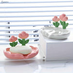 HASTHIP Soap Trays for Bathroom and Kitchen with Drain Spout Design 14.5 × 11 cm | White & Pink PP Set of 2
