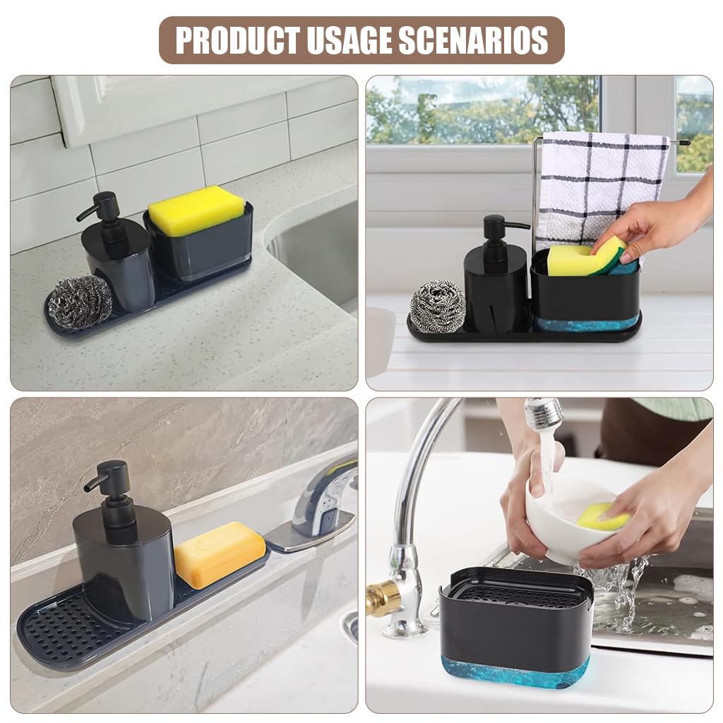 HASTHIP Kitchen Soap Dispenser for Sink with 2‑in‑1 Drain Rack and 12.2×4.3×6 in Slim Design | Multipurpose for Kitchen and Bathroom