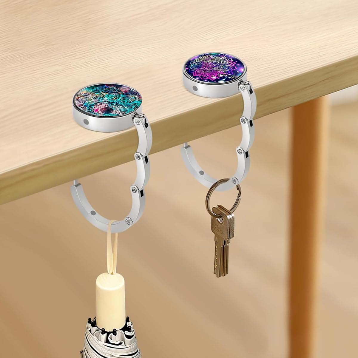 HASTHIP® 3Pcs Desk Bag Hanger Aesthetic Mandala Metal Bag Hanger Portable Folding Bag Ring Hanger for Table, Office Desk Aluminum Alloy Removable Hooks for Bags, Handbag, Backpack