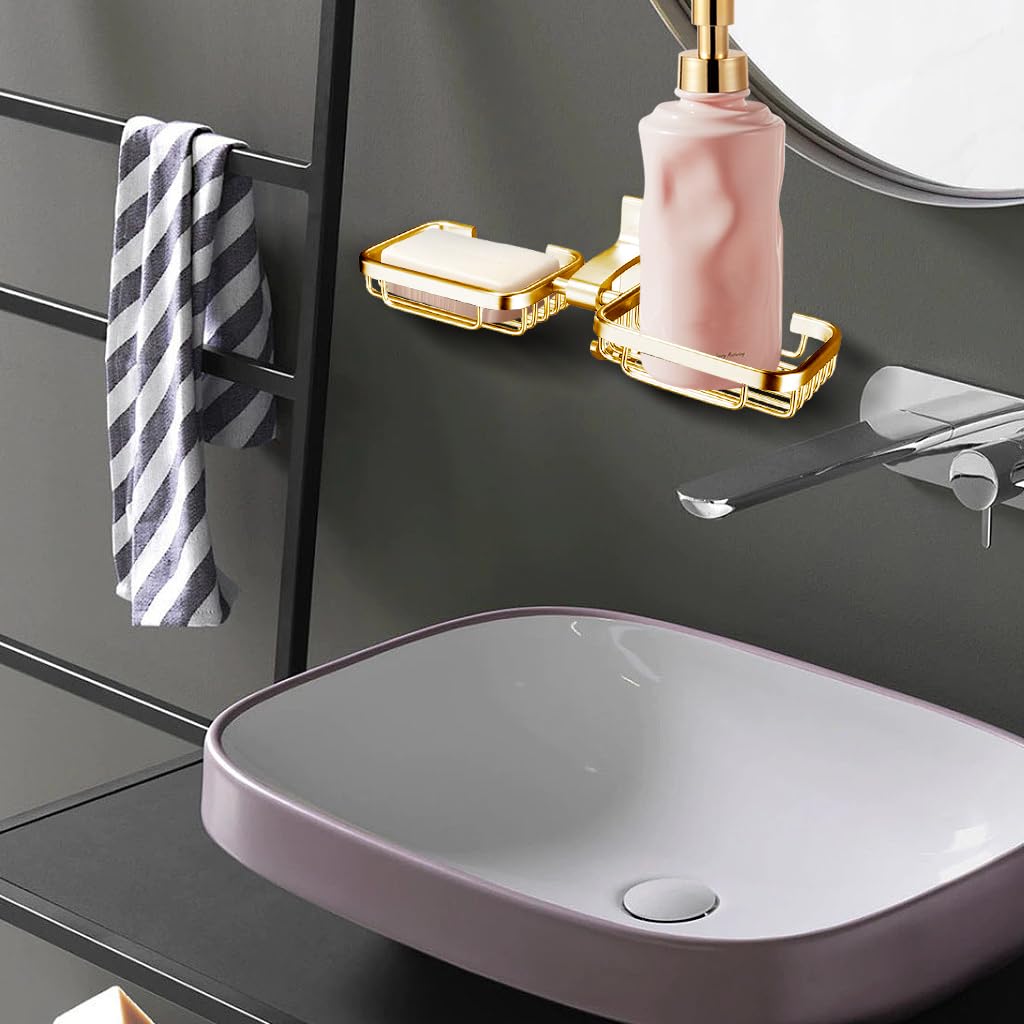 HASTHIP Double Soap Holder for Bathroom featuring Self Draining Dual Slots and Hooks | Golden Aluminum Wall Mount Design