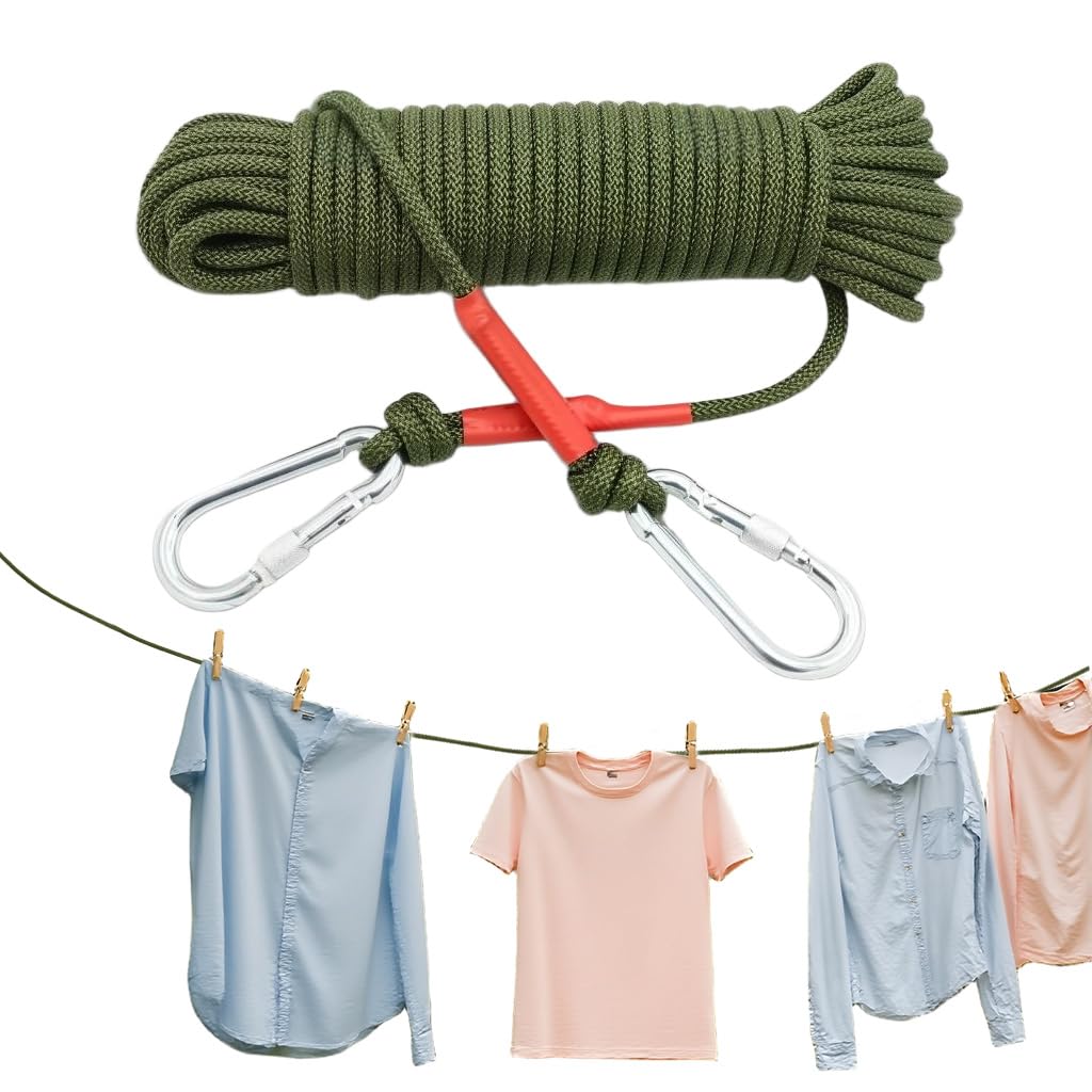 HASTHIP Clothes Drying Rope for Outdoor Laundry with Dual Carabiners and 10m Steel Core | Army Green