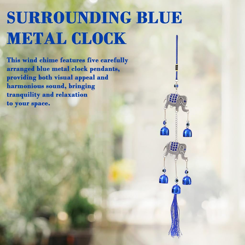 HASTHIP Elephant Wind Chimes for Balcony with 5 Blue Metal Bells | Good Luck Home Decor