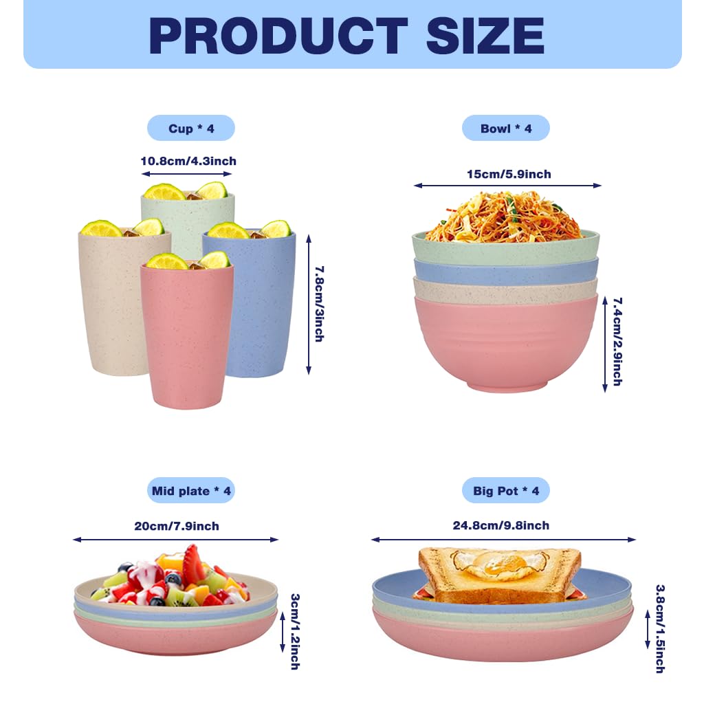 HASTHIP Dinnerware Set for 4 with 16 Pieces featuring Unbreakable Wheat Straw Material | Microwave and Dishwasher Safe