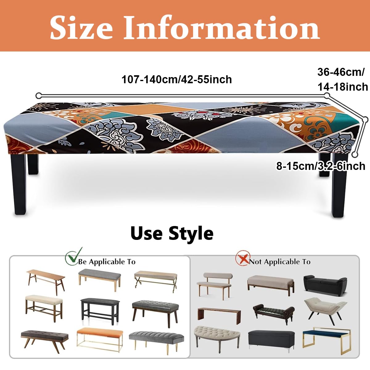 HASTHIP Bench Seat Cover for 42–55 in Benches with Stretch Fit Dacron Fabric and Floral Print