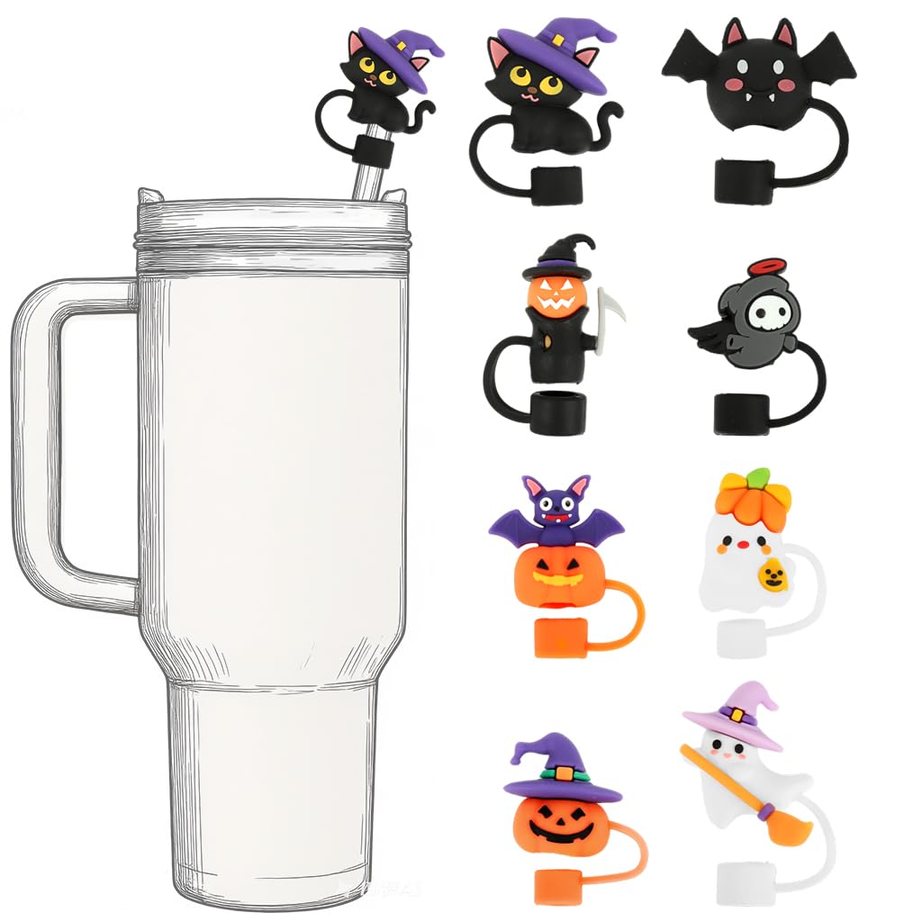 HASTHIP Silicone Straw Caps for Halloween Drinks with 8 Cute Designs 10mm Fit | Dustproof Tip Covers