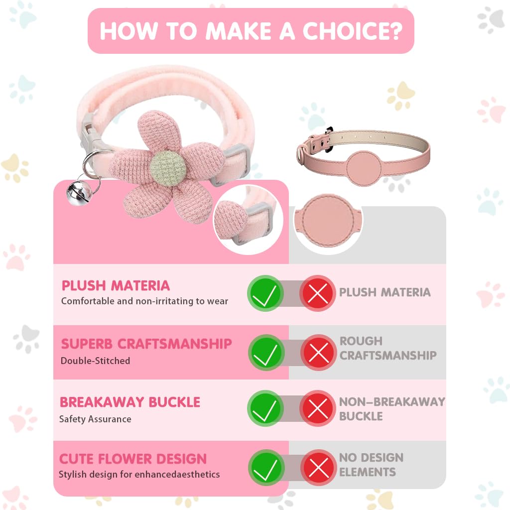 HASTHIP® Cat Belt, Cat Collar with Bell, Pink Flower Cat Collar Soft & Comfortable, Cute Pet Collar Silver Cat Bell Collar