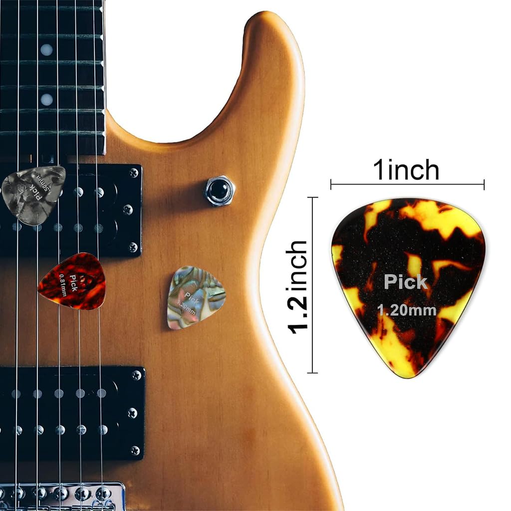 HASTHIP Guitar Picks Set for Acoustic and Electric Guitar with 12 pcs 0.46–1.5mm Celluloid | Ergonomic Grip and Metal Box