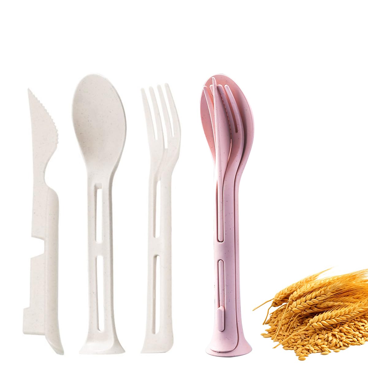 HASTHIP Kids Cutlery Set for School and Travel featuring Stackable Case | 4 Sets BPA Free Wheat Straw Utensils