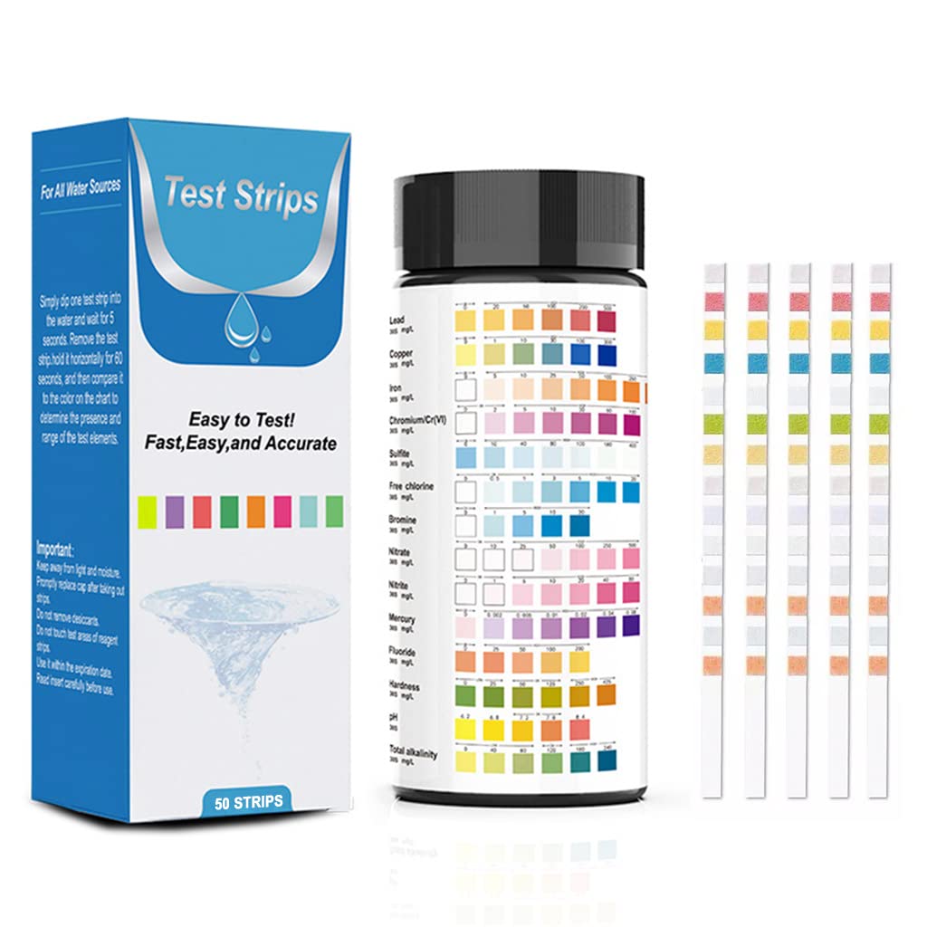 HASTHIP® 50PCS Kit de Prueba de Agua 14 en 1, Tiras Reactivas para PH, Dureza, Cloro, Plomo, Hierro, Nitrato, Nitrito y Más, Análisis Rápido en 30s para Agua Potable, Acuario, Piscina y Pozo