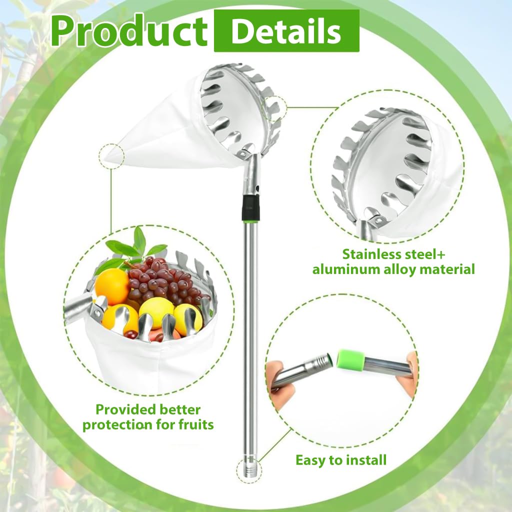 HASTHIP® Extendable Mango Plucker Tool - 10.5ft Fruit Plucker with Adjustable Pole - Alloy Material Telescopic Pole - Equipped With Net & Pole - Tree Fruit Plucker Stick - Easy To Use Fruits Catcher