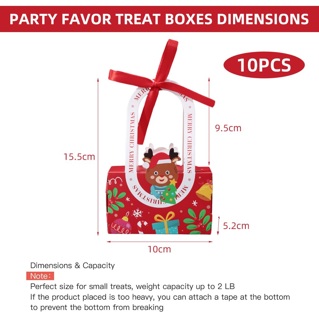 HASTHIP Christmas Gift Boxes 10pcs for Holiday Packaging with Ribbon and Handles | 10x5.2x15.5cm Sturdy Paper Box Featuring Cute Elk Design