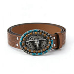 HASTHIP® Cinturón Vaquero Occidental para Hombre y Mujer, Cinturón de Cuero con Hebilla de Toro Longhorn, Estampado Floral, Cinturón Country para Jeans y Vestidos - Marrón