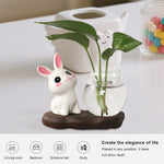 HASTHIP Mini Glass Hydroponics Pot Set for Desk Decor with 6.5x7cm Glass Pots and Compact 12x6cm Base | Cute Ceramic Bunny Ornament Gift