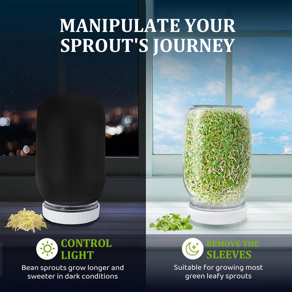 HASTHIP Seed Sprouting Jar Kit for Homemade Bean Sprouts with 32oz Glass and Stainless Steel Mesh Lid | Light Shield Sleeve and Stand