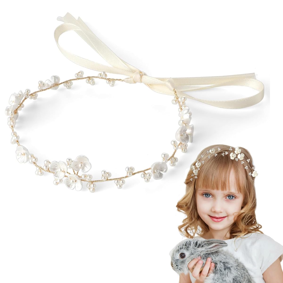 HASTHIP® Diadema de Novia con Perlas y Flores,Corona de Flores para Niñas,Tocado Boda Hecho a Mano Accesorio Cabello Ajustable para Novia Dama Honor y Fiesta