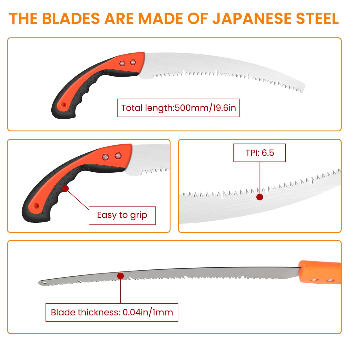 HASTHIP Pruning Saw for Wood and Tree Cutting featuring 19.6 in Curved Blade & Ergonomic Handle