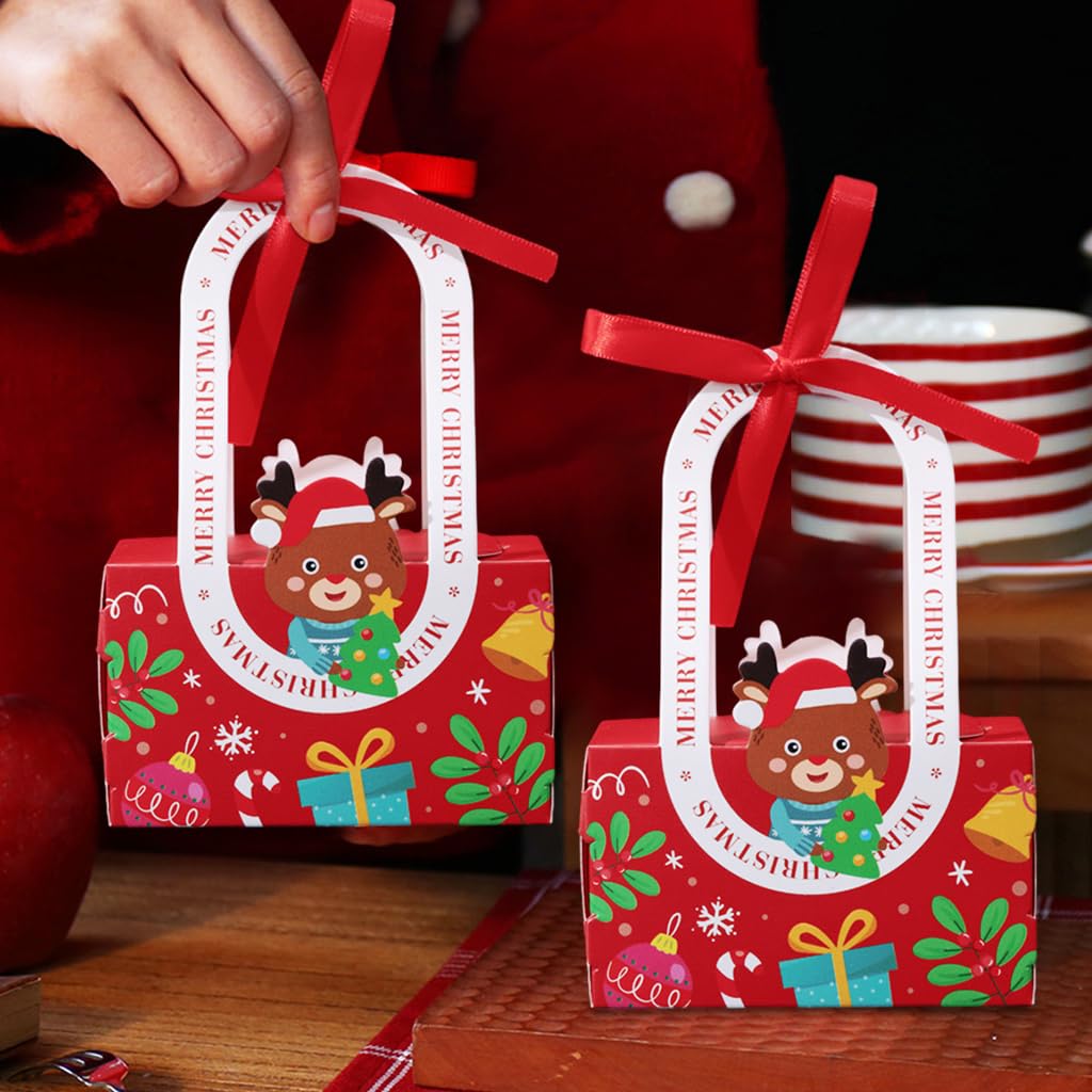 HASTHIP Christmas Gift Boxes 10pcs for Holiday Packaging with Ribbon and Handles | 10x5.2x15.5cm Sturdy Paper Box Featuring Cute Elk Design