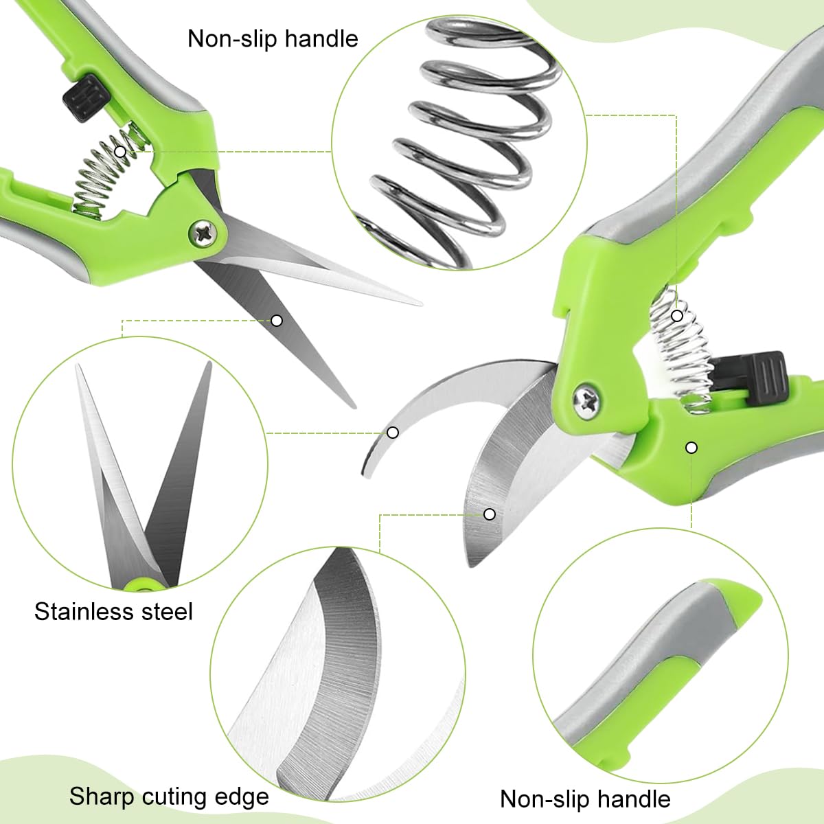 HASTHIP® 2Pcs Pruning Shears 6.6'' Garden Snip Shear Bypass Shears Stainless Steel Gardening Pruning Shears Scissor Spring Loading Labor Saving Garden Snip with Safety Lock for Flower Pot, Vegetable