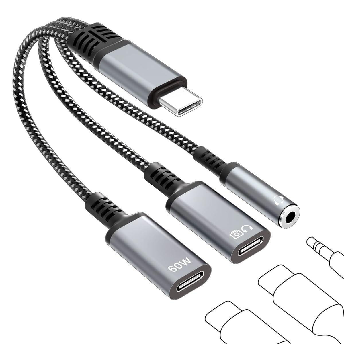 HASTHIP® Verilux 60W PD Type-C Audio Splitter, 3-in-1 USB-C to Headphone Jack Charging Dongle, PD Fast Charging & 3.5mm Audio Splitter, for iPhone 15, iPad, Android, MacBook