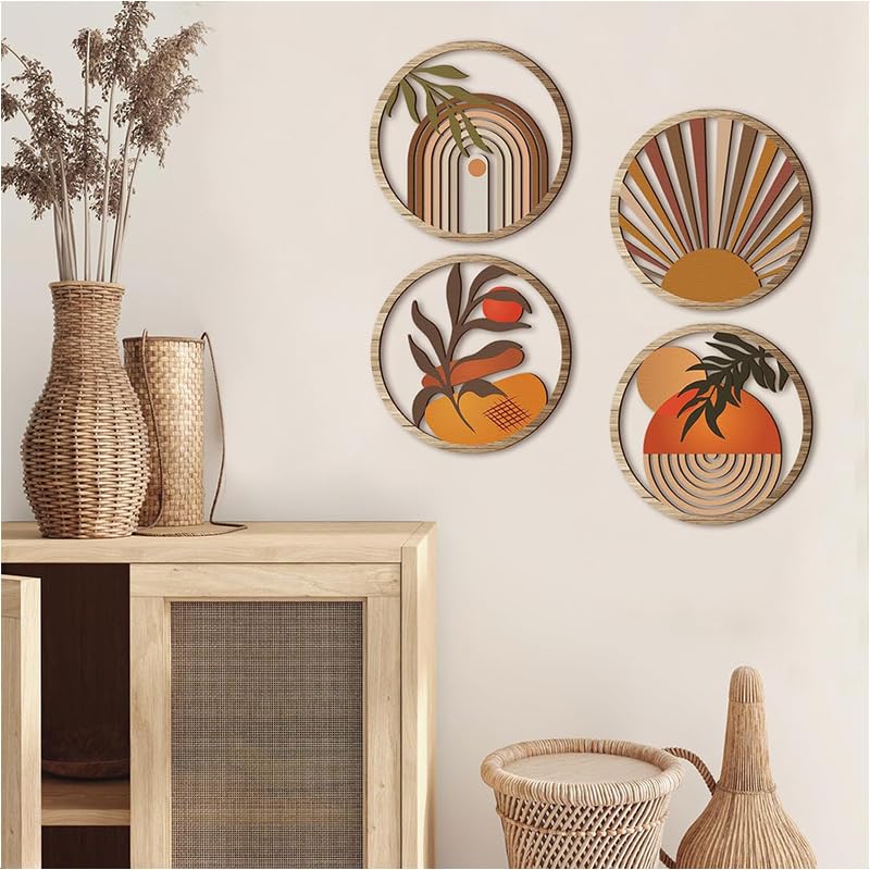 HASTHIP Wall Decor Set for Living Room and Bedroom featuring 4pcs 10 in Wooden Art | Quick Invisible Mounting
