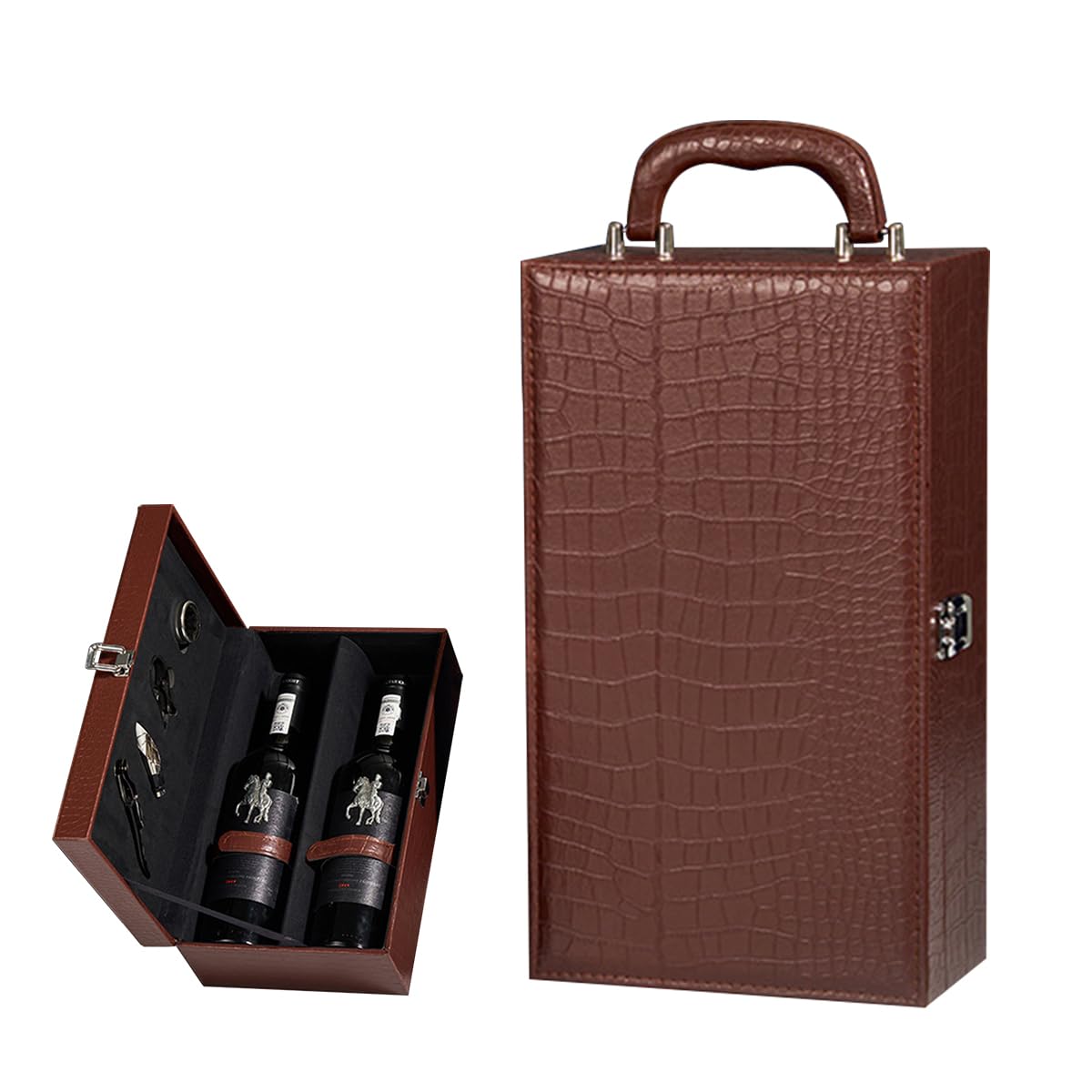 HASTHIP Wine Box for 2 Bottles featuring 34.5x20x12cm Dual Compartment Design | Leatherette Gift Set with Wine Accessories