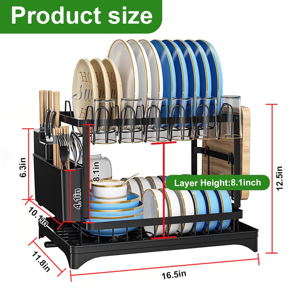 HASTHIP® Dish Drying Rack, Double Dish Drying Rack, Dish Drying Stand with Utensil Holder & Drainboard Tray & Cutting Board Holder, Large Capacity Dish Drainer Collapsible Rust-Resistant Dish Rack