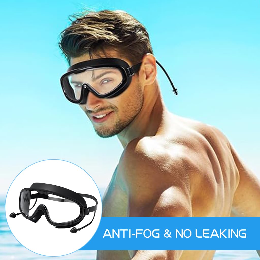 Proberos® Adult Swim Goggles, Big Frame Competition Professional Swim Goggles Swimming with Waterproof Earplugs, Leakproof Anti-fog UV Protection Diving Goggles for Surfing, Kayaking, Black