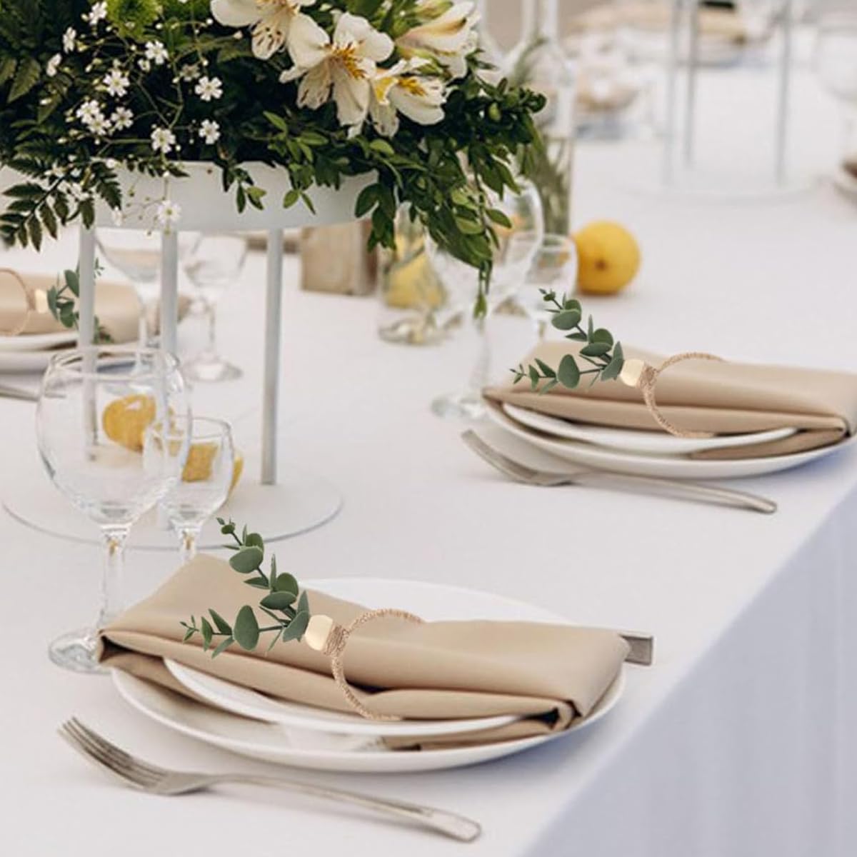HASTHIP Napkin Rings for Weddings and Christmas featuring Eucalyptus Leaf and Hemp Rope | 6Pcs Rustic Table Holders