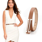 HASTHIP® Cinturón de Moda para Mujer, Cinturón Delgado de Cuero PU con Hebilla Metálica Elegante, Ajustable para Vestido, Blusa o Americana, Marrón Clásico
