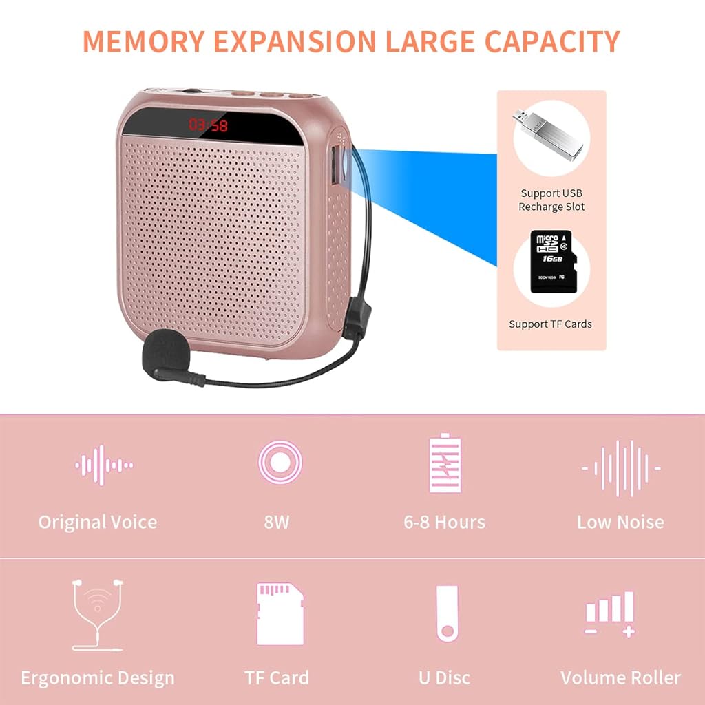 HASTHIP® YourBrand Voice Amplifier, Portable Microphone Headset Speaker System for Teachers, 2200mAh Rechargeable Battery, Bluetooth, TF Card/USB Playback, 3.5mm Aux, Lightweight, Clear Sound, for