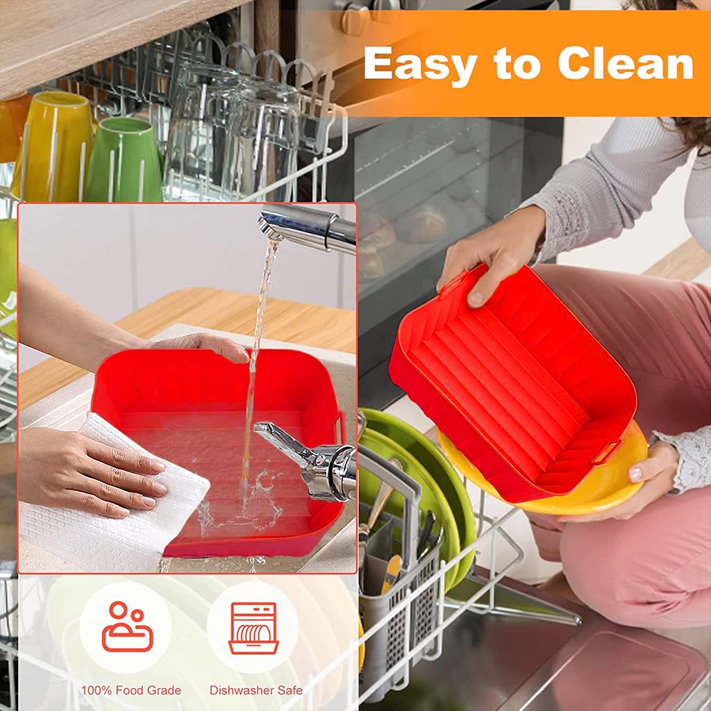 HASTHIP Air Fryer Silicone Baking Tray, 8.2 Inch Non-Stick Silicone Air Fryer Liners for 4-7QT, Reusable Square Air Fryer Oven Pot with Anti-Scalding Handles, Food Safe Air Fryers Accessories (Red)