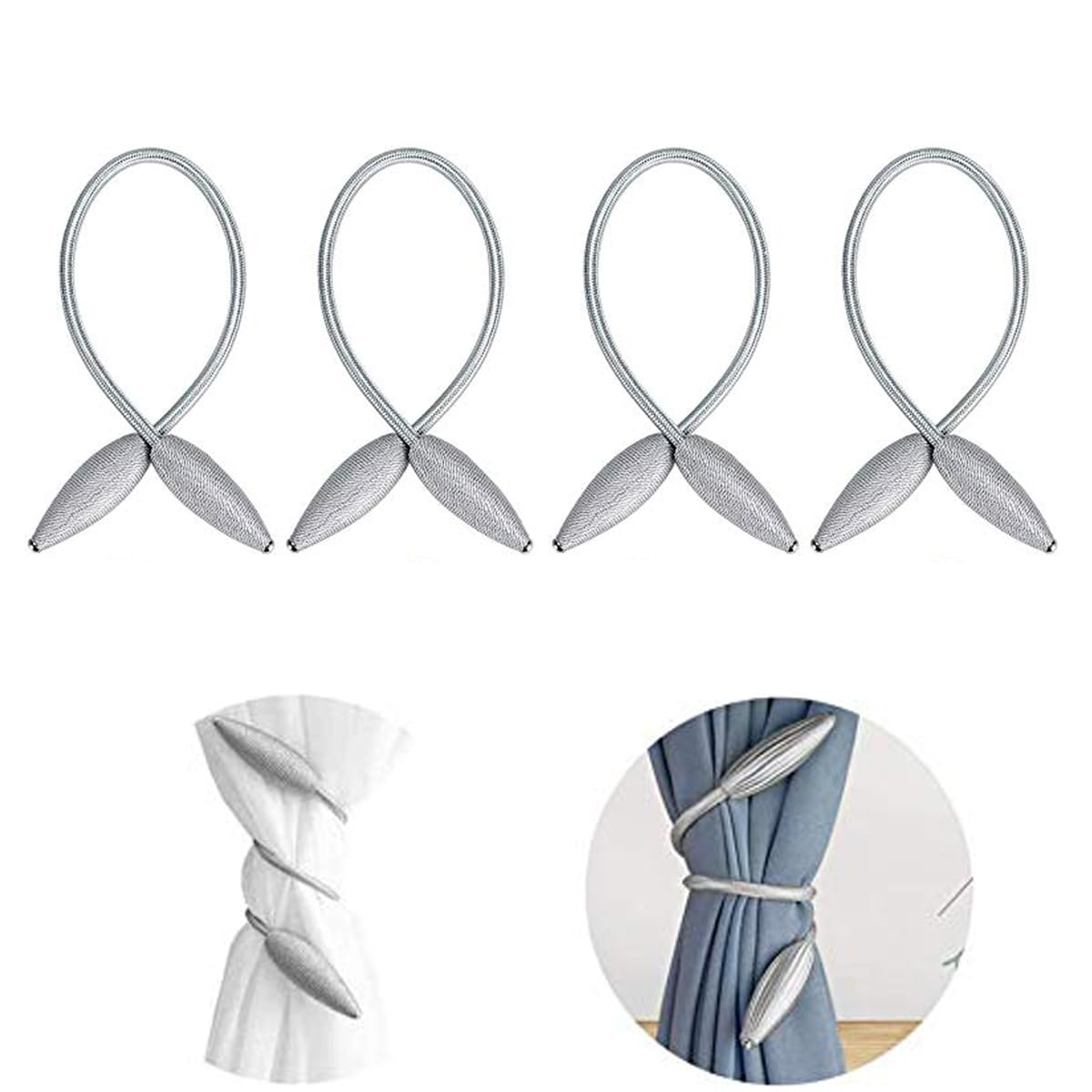 HASTHIP Curtain Tie Backs for Living Room with Strong Magnetic Hold 48cm Rope | Grey Polyester Set of 4